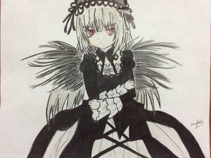 Rating: Safe Score: 0 Tags: 1girl bangs black_dress black_wings closed_mouth dress eyebrows_visible_through_hair feathered_wings feathers flower frills hair_between_eyes hairband image long_hair long_sleeves looking_at_viewer monochrome photo red_eyes rose signature solo suigintou traditional_media wings User: admin