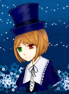 Rating: Safe Score: 0 Tags: 1girl bangs blue_background blue_dress brown_hair dress flower green_eyes hat heterochromia image long_sleeves looking_at_viewer red_eyes ribbon short_hair solo souseiseki sparkle top_hat upper_body User: admin