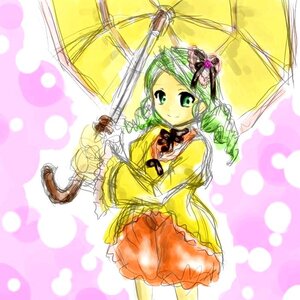 Rating: Safe Score: 0 Tags: 1girl choker dress drill_hair frills green_eyes green_hair holding holding_umbrella image kanaria long_sleeves looking_at_viewer parasol polka_dot polka_dot_background sketch smile solo transparent twin_drills umbrella User: admin