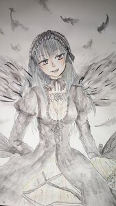 Rating: Safe Score: 0 Tags: 1girl bird breasts dress feathers flower frills hairband image juliet_sleeves long_hair long_sleeves looking_at_viewer monochrome puffy_sleeves seagull smile solo suigintou traditional_media wings User: admin