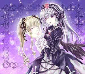 Rating: Safe Score: 0 Tags: 2girls black_wings blonde_hair closed_eyes dress flower frills hair_ribbon hairband hand_on_another's_face image long_hair long_sleeves multiple_girls purple_background ribbon shinku silver_hair solo suigintou twintails very_long_hair wings User: admin