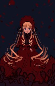 Rating: Safe Score: 0 Tags: 1girl blonde_hair blue_eyes bonnet bow dress flower image long_hair long_sleeves looking_at_viewer petals red_dress rose rose_petals shinku sitting solo twintails very_long_hair User: admin