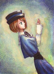 Rating: Safe Score: 0 Tags: 1girl blue_dress blue_headwear brown_hair from_side green_eyes hat image long_sleeves profile ribbon short_hair solo souseiseki standing User: admin