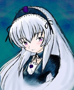 Rating: Safe Score: 0 Tags: 1girl black_ribbon blue_background blush choker dress flower hairband image lolita_hairband long_hair long_sleeves looking_at_viewer pink_eyes ribbon rose silver_hair smile solo suigintou upper_body User: admin