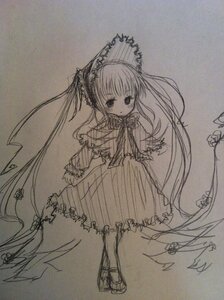 Rating: Safe Score: 0 Tags: 1girl blush bonnet dress full_body image long_hair long_sleeves looking_at_viewer monochrome shinku shoes sketch solo standing traditional_media twintails very_long_hair User: admin