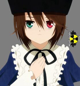 Rating: Safe Score: 0 Tags: 1girl apron black_background black_ribbon brown_hair closed_mouth frills hat heterochromia image long_sleeves looking_at_viewer red_eyes ribbon short_hair simple_background solo souseiseki suiseiseki upper_body User: admin