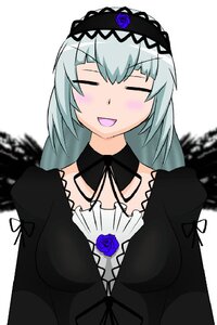 Rating: Safe Score: 0 Tags: 1girl :d black_dress blue_flower blue_rose blurry blush closed_eyes dress flower gothic_lolita hairband image lolita_fashion lolita_hairband long_hair long_sleeves open_mouth rose silver_hair smile solo suigintou upper_body white_background User: admin