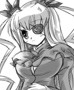 Rating: Safe Score: 0 Tags: 1girl barasuishou bow bowtie breasts eyepatch greyscale hair_ribbon image jacket long_hair long_sleeves looking_at_viewer monochrome ribbon simple_background sketch solo twintails upper_body white_background User: admin