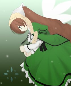 Rating: Safe Score: 0 Tags: 1girl auto_tagged brown_hair dress frills green_dress green_eyes head_scarf image long_hair long_sleeves profile ribbon solo suiseiseki very_long_hair User: admin