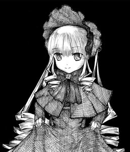 Rating: Safe Score: 0 Tags: 1girl blush bonnet bow capelet dress drill_hair greyscale image long_hair long_sleeves looking_at_viewer monochrome shinku smile solo traditional_media twin_drills User: admin