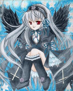 Rating: Safe Score: 0 Tags: 1girl black_wings boots dress flower frills hairband image long_hair long_sleeves looking_at_viewer marker_(medium) red_eyes ribbon rose silver_hair solo suigintou traditional_media very_long_hair watercolor_(medium) wings User: admin