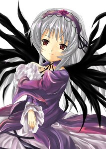 Rating: Safe Score: 0 Tags: 1girl black_wings dress flower frills hairband image juliet_sleeves long_hair long_sleeves looking_at_viewer puffy_sleeves red_eyes rose silver_hair simple_background solo suigintou very_long_hair white_background wings User: admin