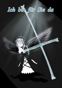 Rating: Safe Score: 0 Tags: 1girl black_wings closed_eyes dress flower frills hairband image long_hair long_sleeves monochrome ribbon solo standing suigintou very_long_hair wings User: admin