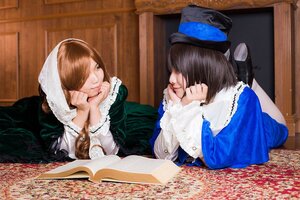 Rating: Safe Score: 0 Tags: 2girls brown_hair chin_rest closed_eyes dress hair_over_one_eye hat head_rest indoors long_hair long_sleeves multiple_cosplay multiple_girls sitting smile tagme top_hat User: admin