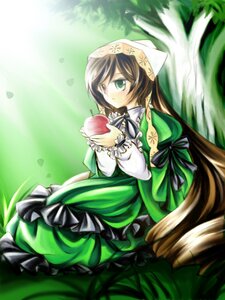 Rating: Safe Score: 0 Tags: 1girl apple brown_hair dress food frills fruit green_dress green_eyes heterochromia holding holding_food holding_fruit image long_hair long_sleeves ribbon solo suiseiseki very_long_hair User: admin