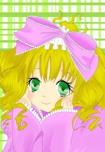 Rating: Safe Score: 0 Tags: 1girl blonde_hair bow frills green_eyes hair_bow hina_ichigo hinaichigo image long_sleeves looking_at_viewer lying pink_bow smile solo User: admin