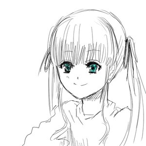 Rating: Safe Score: 0 Tags: 1girl bangs blush closed_mouth eyebrows_visible_through_hair hair_ribbon image long_hair looking_at_viewer monochrome ribbon shinku simple_background sketch smile solo twintails upper_body white_background User: admin