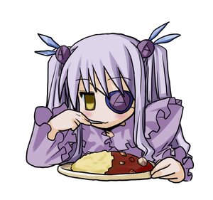 Rating: Safe Score: 0 Tags: 1girl barasuishou eating food fork frills hair_ornament image long_hair long_sleeves plate ribbon rice simple_background solo striped two_side_up upper_body white_background User: admin