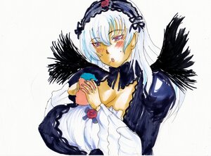 Rating: Safe Score: 0 Tags: 1girl auto_tagged black_wings blush breasts cleavage detached_collar dress feathers flower frills hairband image long_hair long_sleeves looking_at_viewer pink_eyes rose silver_hair solo suigintou traditional_media wings User: admin