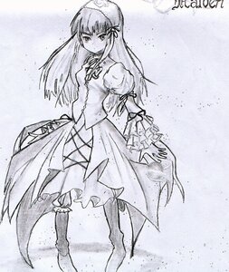 Rating: Safe Score: 0 Tags: 1girl bangs boots dress frills full_body image juliet_sleeves kneehighs long_hair long_sleeves looking_at_viewer monochrome ribbon solo standing suigintou traditional_media User: admin