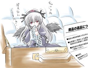 Rating: Safe Score: 0 Tags: 1girl black_wings dress flower frilled_sleeves frills hairband image long_hair long_sleeves pink_eyes rose silver_hair solo suigintou table wings User: admin