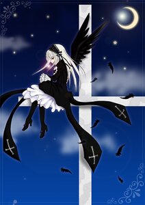 Rating: Safe Score: 0 Tags: 1girl bird black_dress black_feathers black_footwear black_wings boots crescent_moon dress feathers flower flying frills hairband high_heel_boots high_heels image long_hair long_sleeves moon night ribbon silver_hair sky solo star_(sky) starry_sky suigintou very_long_hair wings User: admin