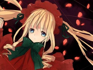 Rating: Safe Score: 0 Tags: 1girl blonde_hair blue_eyes bonnet bow bowtie capelet dress drill_hair flower green_bow green_neckwear image long_hair long_sleeves looking_at_viewer petals rose_petals shinku solo twintails User: admin