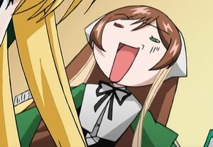 Rating: Safe Score: 0 Tags: :d apron brown_hair green_ribbon image long_hair multiple_girls open_mouth parody ribbon simple_background smile solo suiseiseki User: admin
