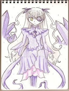 Rating: Safe Score: 0 Tags: 1girl barasuishou dress eyepatch frills image long_hair long_sleeves looking_at_viewer ribbon simple_background solo standing traditional_media two_side_up very_long_hair white_background yellow_eyes User: admin