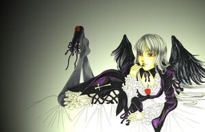 Rating: Safe Score: 0 Tags: 1girl black_wings dress flower frills gothic_lolita image long_hair long_sleeves ribbon silver_hair solo suigintou white_hair wings User: admin