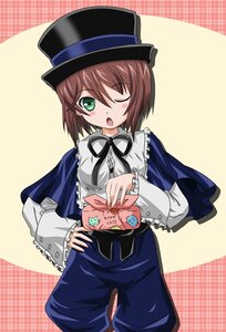 Rating: Safe Score: 0 Tags: 1girl :o blush brown_hair frills green_eyes hat image long_sleeves one_eye_closed open_mouth pants ribbon short_hair solo souseiseki top_hat User: admin