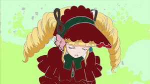 Rating: Safe Score: 0 Tags: 1girl blonde_hair bonnet bow dress drill_hair green_background image long_hair long_sleeves shinku solo User: admin