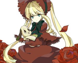 Rating: Safe Score: 0 Tags: 1girl blonde_hair blue_eyes bonnet bow bowtie dress drill_hair flower hat image long_hair long_sleeves looking_at_viewer pink_rose red_flower red_rose rose shinku solo twintails User: admin