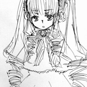 Rating: Safe Score: 0 Tags: dress drill_hair greyscale image long_sleeves looking_at_viewer monochrome multiple_girls shinku solo twin_drills twintails upper_body User: admin