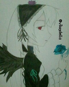Rating: Safe Score: 0 Tags: 1girl bangs choker closed_mouth earrings flower from_side image insect jewelry profile red_eyes ribbon rose short_hair simple_background solo spot_color suigintou traditional_media white_hair wings User: admin