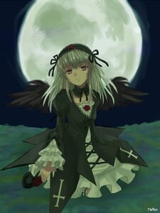 Rating: Safe Score: 0 Tags: 1girl black_wings cross dress flower frills full_moon hairband image lolita_hairband long_hair long_sleeves looking_at_viewer moon night red_eyes ribbon rose silver_hair solo suigintou wings User: admin