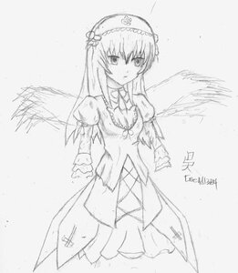 Rating: Safe Score: 0 Tags: 1girl dress frills greyscale hairband image lolita_hairband long_hair long_sleeves looking_at_viewer monochrome simple_background solo standing suigintou white_background wings User: admin