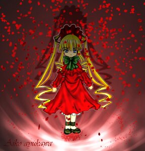 Rating: Safe Score: 0 Tags: 1girl blonde_hair blue_eyes bonnet bow bowtie dress full_body green_bow green_neckwear image long_hair long_sleeves looking_at_viewer petals red_dress rose_petals shinku shoes solo standing twintails User: admin