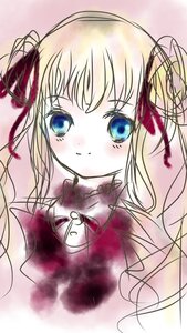 Rating: Safe Score: 0 Tags: 1girl bangs blonde_hair blue_eyes blush closed_mouth hair_ribbon image long_hair looking_at_viewer ribbon shinku simple_background smile solo twintails User: admin