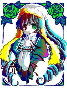 Rating: Safe Score: 0 Tags: 1girl dress flower frills green_eyes heterochromia image long_hair long_sleeves looking_at_viewer red_eyes rose solo suiseiseki white_background User: admin