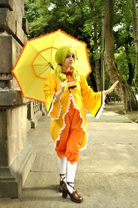 Rating: Safe Score: 0 Tags: 1girl blonde_hair dress frills holding_umbrella japanese_clothes kanaria outdoors parasol solo umbrella wide_sleeves User: admin