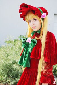 Rating: Safe Score: 0 Tags: 1girl blonde_hair blue_eyes bonnet bow dress flower lips long_hair looking_at_viewer photo red_dress rose shinku solo User: admin