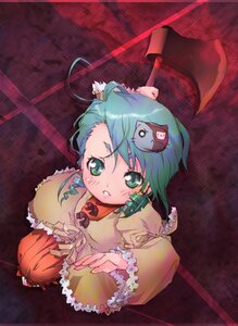 Rating: Safe Score: 0 Tags: 1girl frills green_eyes green_hair image kanaria long_sleeves looking_at_viewer solo weapon User: admin