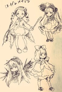 Rating: Safe Score: 0 Tags: bow dress drill_hair hat image long_hair long_sleeves monochrome multiple multiple_girls short_hair sketch smile standing tagme traditional_media twin_drills User: admin