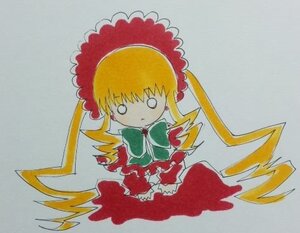 Rating: Safe Score: 0 Tags: 1girl blonde_hair bonnet bowtie chibi dress frills full_body image long_hair long_sleeves looking_at_viewer marker_(medium) red_dress shinku simple_background solo standing traditional_media twintails very_long_hair User: admin