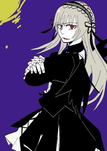 Rating: Safe Score: 0 Tags: 1girl dress flower frills hairband image long_hair long_sleeves looking_at_viewer looking_back purple_background red_eyes rose simple_background solo suigintou wings User: admin