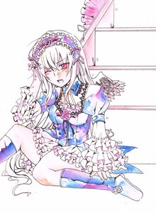 Rating: Safe Score: 0 Tags: 1girl bangs black_wings boots dress flower frilled_dress frills hairband image juliet_sleeves knee_boots kneehighs lolita_hairband long_hair long_sleeves looking_at_viewer one_eye_closed open_mouth pink_eyes puffy_sleeves rose sitting solo suigintou traditional_media wings User: admin