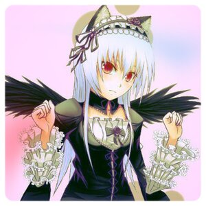 Rating: Safe Score: 0 Tags: 1girl black_wings detached_collar dress frilled_sleeves frills hairband image long_hair long_sleeves looking_at_viewer pink_background ribbon silver_hair solo suigintou traditional_media upper_body wings User: admin