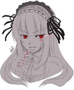 Rating: Safe Score: 0 Tags: 1girl bangs black_ribbon blood bloody_hands dress eyebrows_visible_through_hair flower hairband image long_hair looking_at_viewer red_eyes ribbon rose simple_background smile solo striped suigintou white_background User: admin