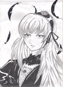 Rating: Safe Score: 0 Tags: 1girl black_feathers dress feathers flower frills greyscale hairband image long_hair long_sleeves looking_at_viewer monochrome ribbon rose solo suigintou upper_body User: admin